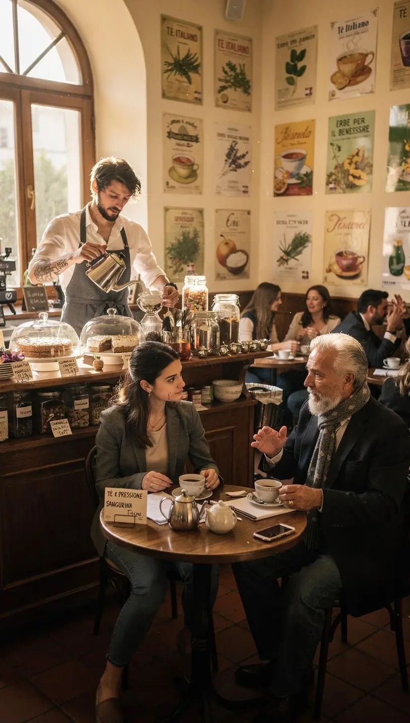 Un infuso di tè verde servito in un elegante bicchiere trasparente con un rametto di menta.