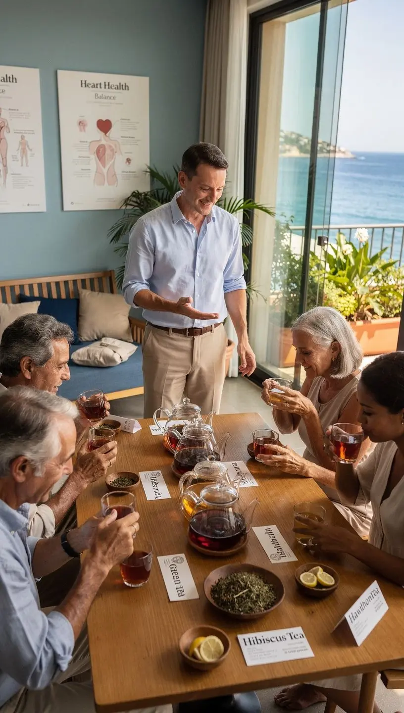 Un libro aperto accanto a una tazza di tè, creando un'atmosfera di relax serale.