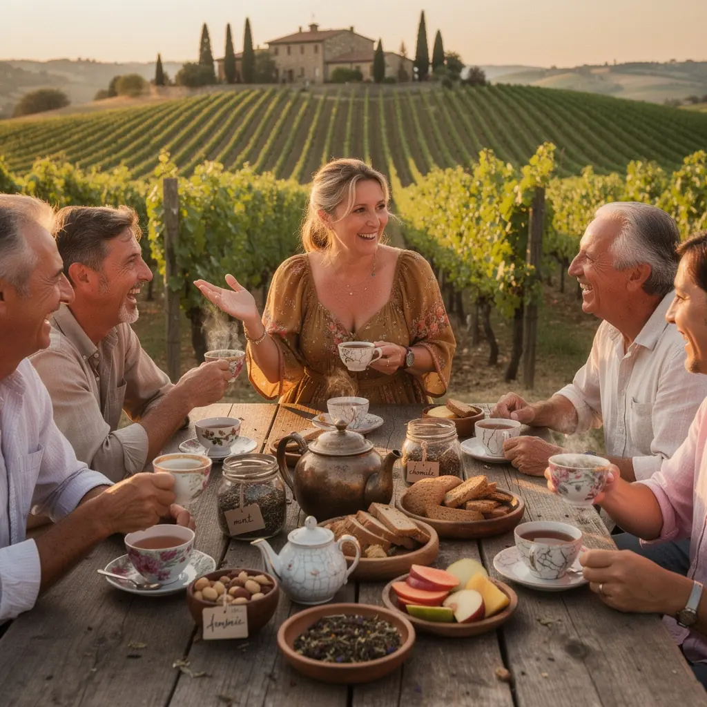 Ingredienti naturali per il tè, come zenzero e curcuma, disposti su un piano di lavoro.